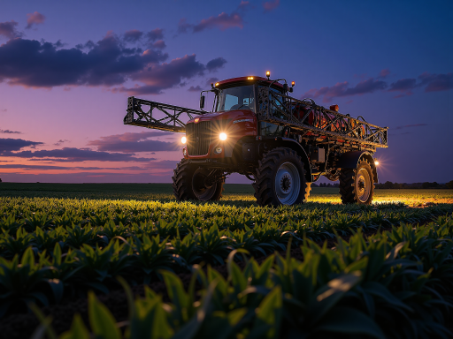 农用喷雾器设备全景，白色塑料储液罐，喷杆展开状态，轮式底盘设计，田间作业准备