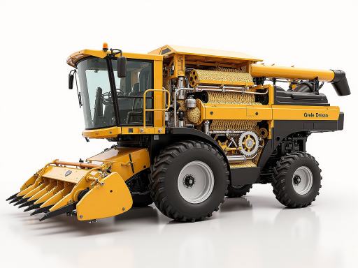 脱粒机设备侧面全貌，金属外壳坚固，进料口和出料口清晰可见，现代化农业机械设计